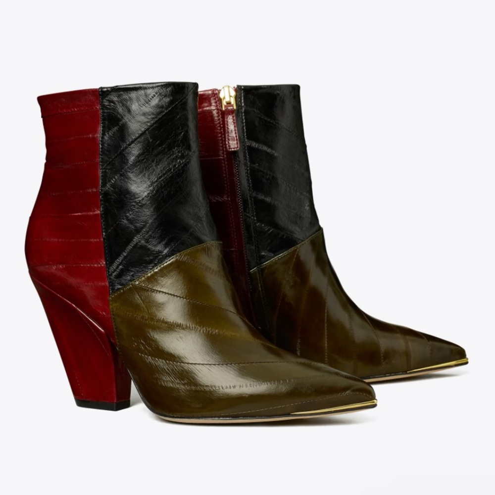 TORY BURCH LILA EEL LEATHER ANKLE BOOTIE OLIVE/BLK/WINE 90MM HEEL SIZE US 8, 8.5 - Picture 2 of 5
